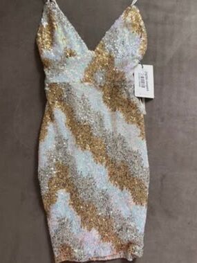 Hello Molly Gold and White Sequin V-Neck Mini Dress